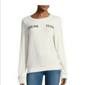 Wildfox  Dream Team Pullover Sweatshirt Cream Fuzzy Relaxed Size S Graphic soft